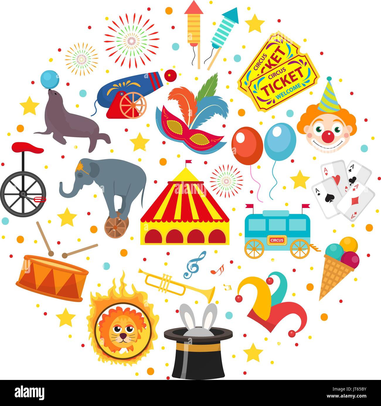 Circus icona impostare in forma rotonda piatta, stile cartoon. Raccolta di elementi con elefante, lion, Sealion, pistola, clown, biglietti. Isolato su bianco backgr Illustrazione Vettoriale