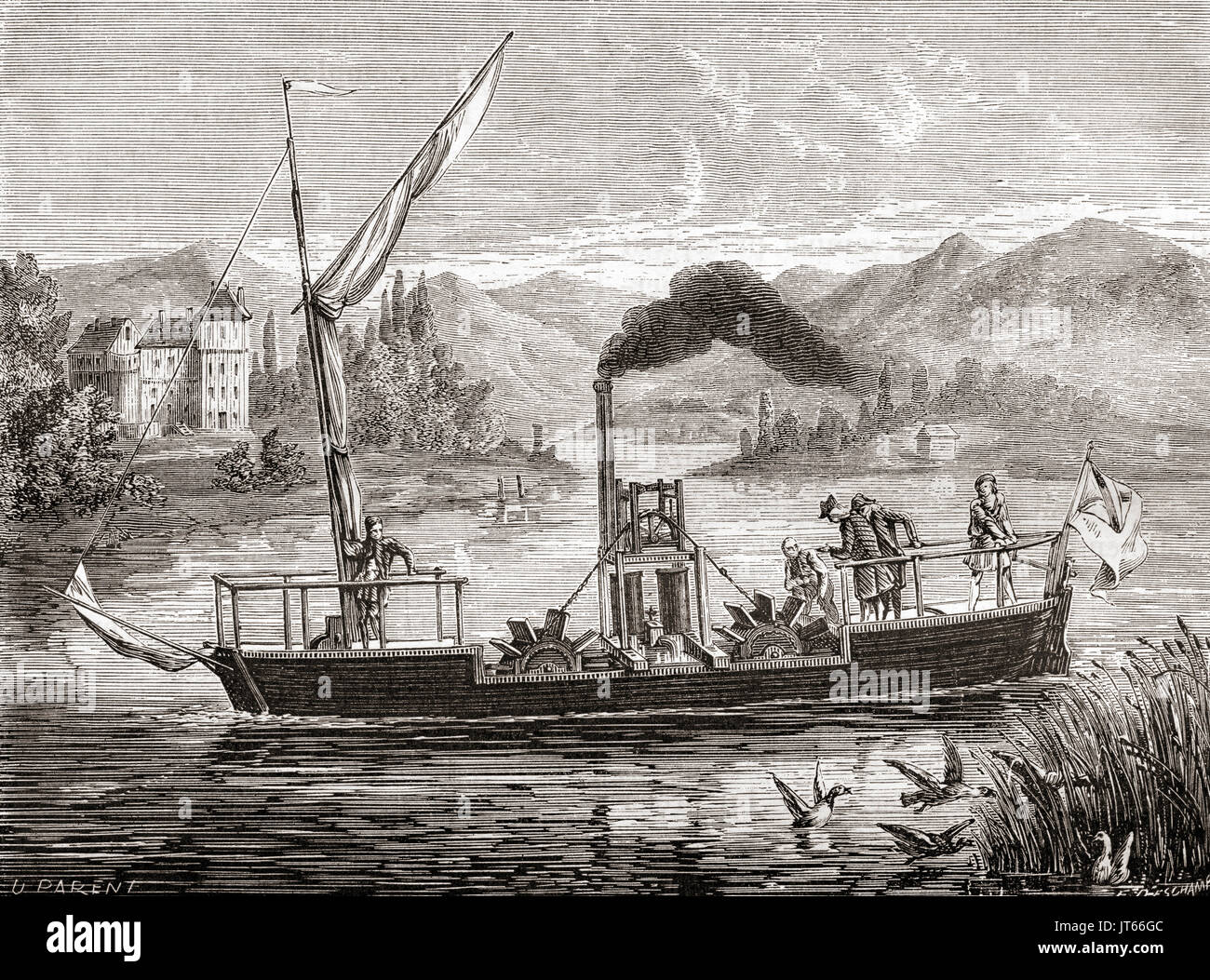 La prima prova del Dalswinton steamboat a Dalswinton loch, la Scozia nel 1788. Da Les Merveilles de la Science, pubblicato 1870. Foto Stock