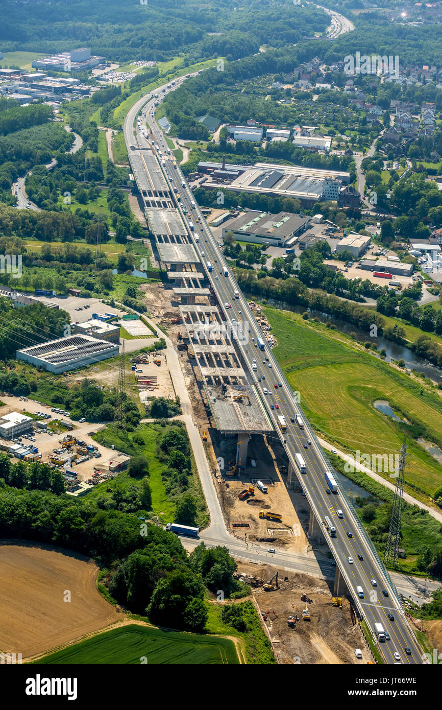 Sito in costruzione, demolizione e nuova costruzione del ponte Lenntal, Sauerlandlinie, autostrada A45, foto aerea, Hagen Foto Stock