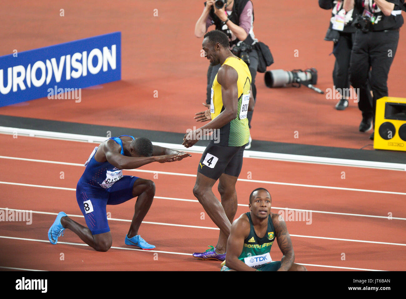 Londra, Inghilterra - 05 agosto: Usain Bolt della Giamaica dopo il suo terzo posto finale in uomini 100 metri final durante il giorno due del XVI IAAF mondiale di atletica Londra 2017 presso il London Stadium il 5 agosto 2017 a Londra, Regno Unito Foto Stock
