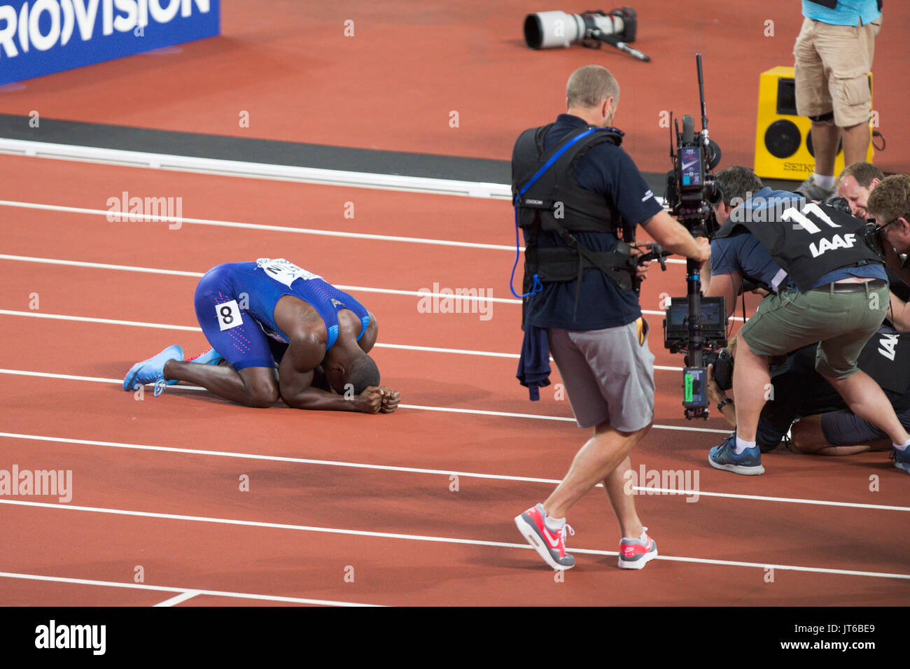 Londra, Inghilterra - 05 agosto: Justin Gatlin dopo aver vinto gli Uomini 100m finale durante il giorno due del XVII IAAF mondiale di atletica Londra 2017 presso il London Stadium il 5 agosto 2017 a Londra. Foto Stock