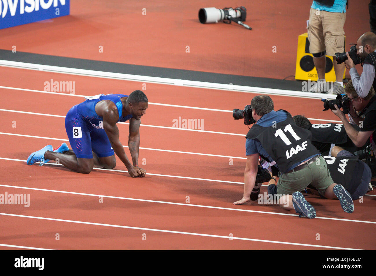 Londra, Inghilterra - 05 agosto: Justin Gatlin dopo aver vinto gli Uomini 100m finale durante il giorno due del XVII IAAF mondiale di atletica Londra 2017 presso il London Stadium il 5 agosto 2017 a Londra. Foto Stock