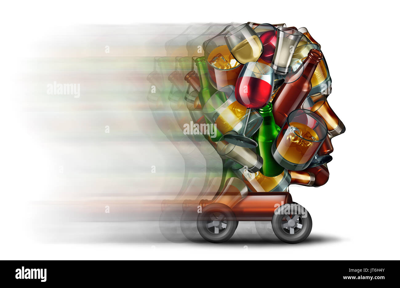 Bere e guidare compromessa e un driver sotto l' influenza di alcool come la sicurezza stradale pericolo e autostrada dei rischi per la salute come un gruppo di bottiglie. Foto Stock