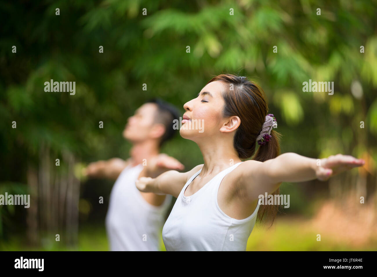 Asian l uomo e la donna facendo Tai Chi in un giardino. Uno stile di vita sano e concetto di rilassamento. Foto Stock
