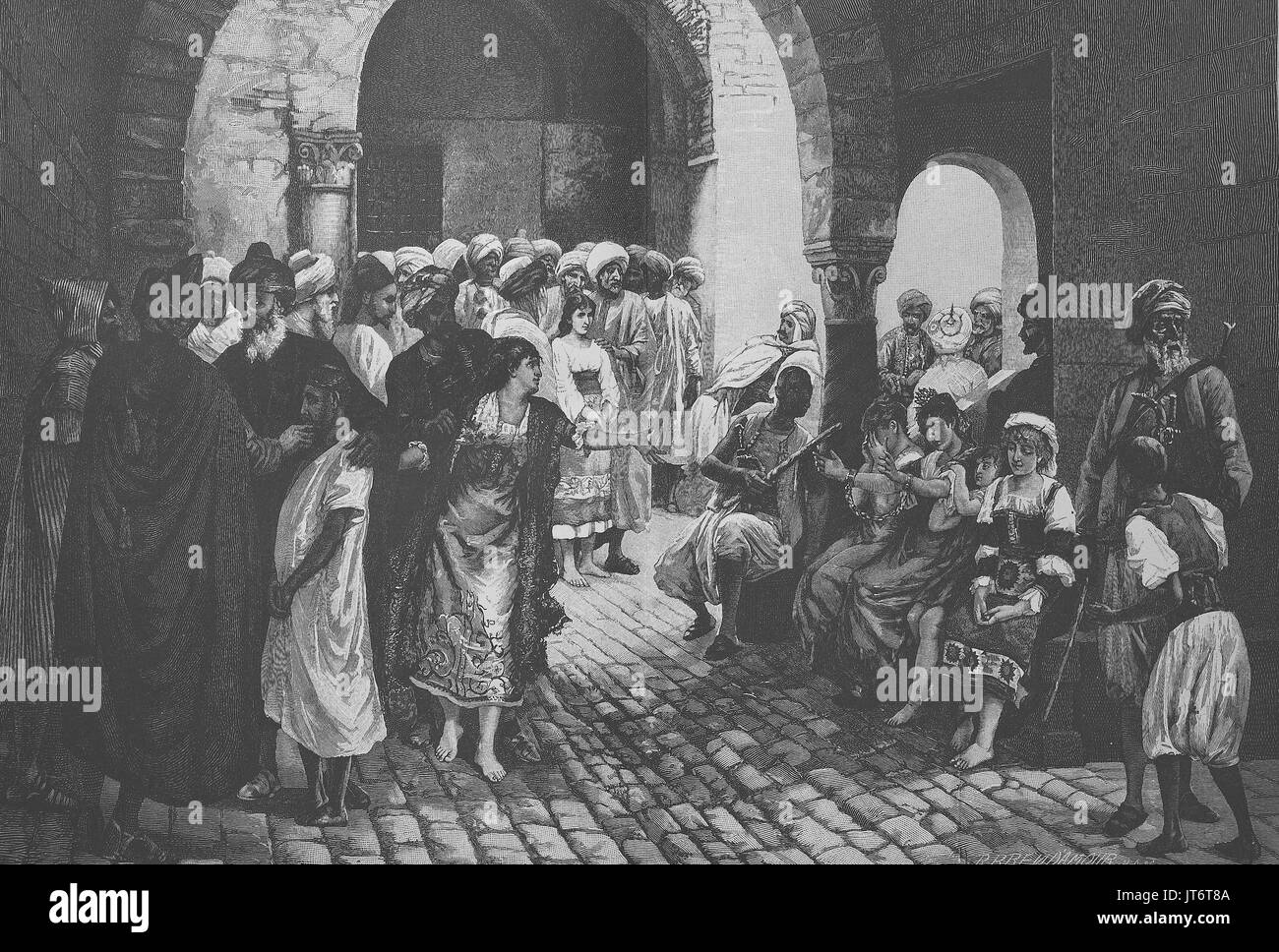 Mercato di schiavi, spagnolo e italiano di prigionieri sono venduti da corsari, digitale migliorata la riproduzione di un immagine pubblicata tra 1880 - 1885 Foto Stock
