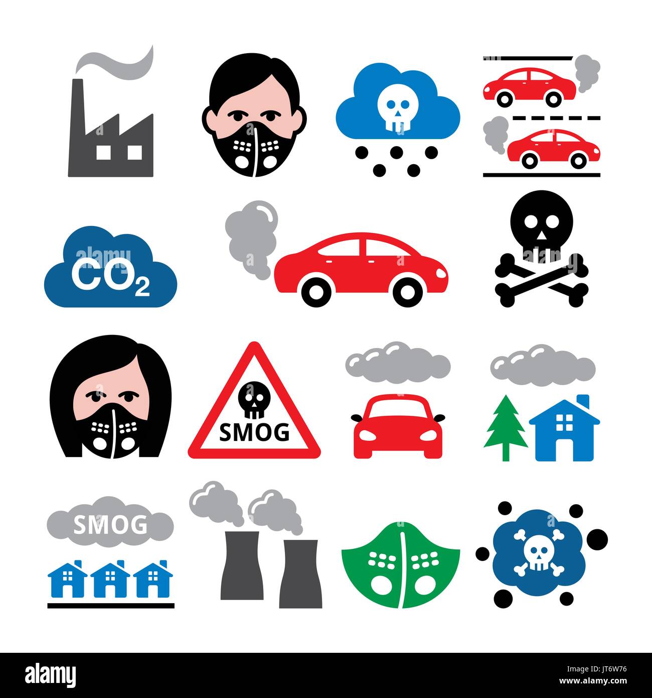 Lo smog, inquinamento, anti pollsution maschera icone vettoriali set - Ecologia, Ambiente nozione Illustrazione Vettoriale