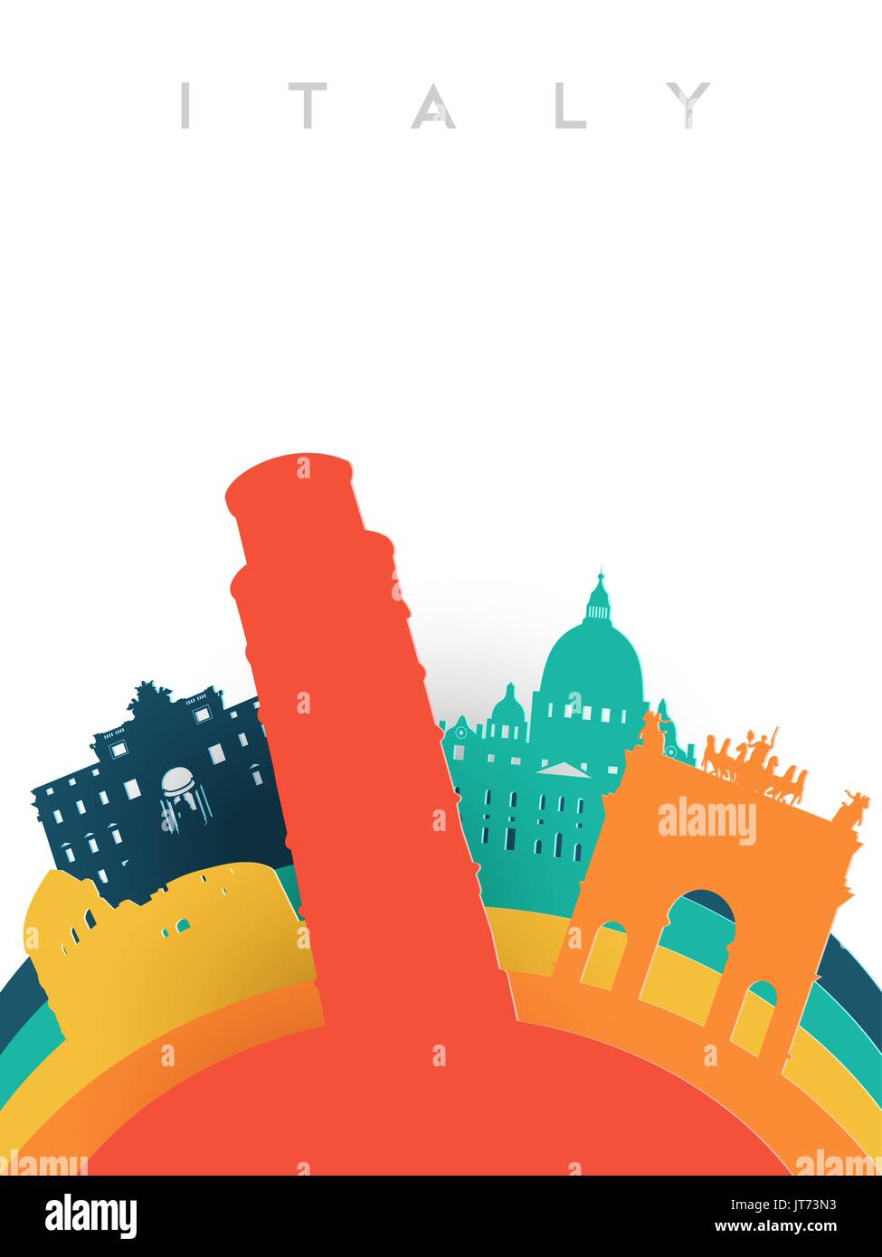 Viaggiare in Italia illustrazione in 3d carta tagliata stile, mondo italiano punti di riferimento. Include la torre di Pisa, Colosseo, Fontana di Trevi. EPS10 vettore. Illustrazione Vettoriale