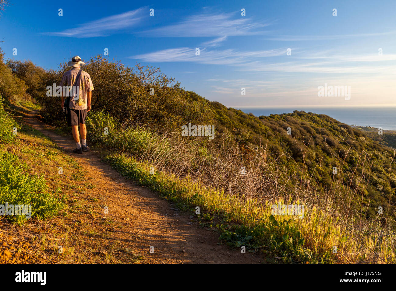 Escursionista vede oltre oceano zuma canyon lungo la vista del canyon trail a zuma canyon in Malibu, California Foto Stock