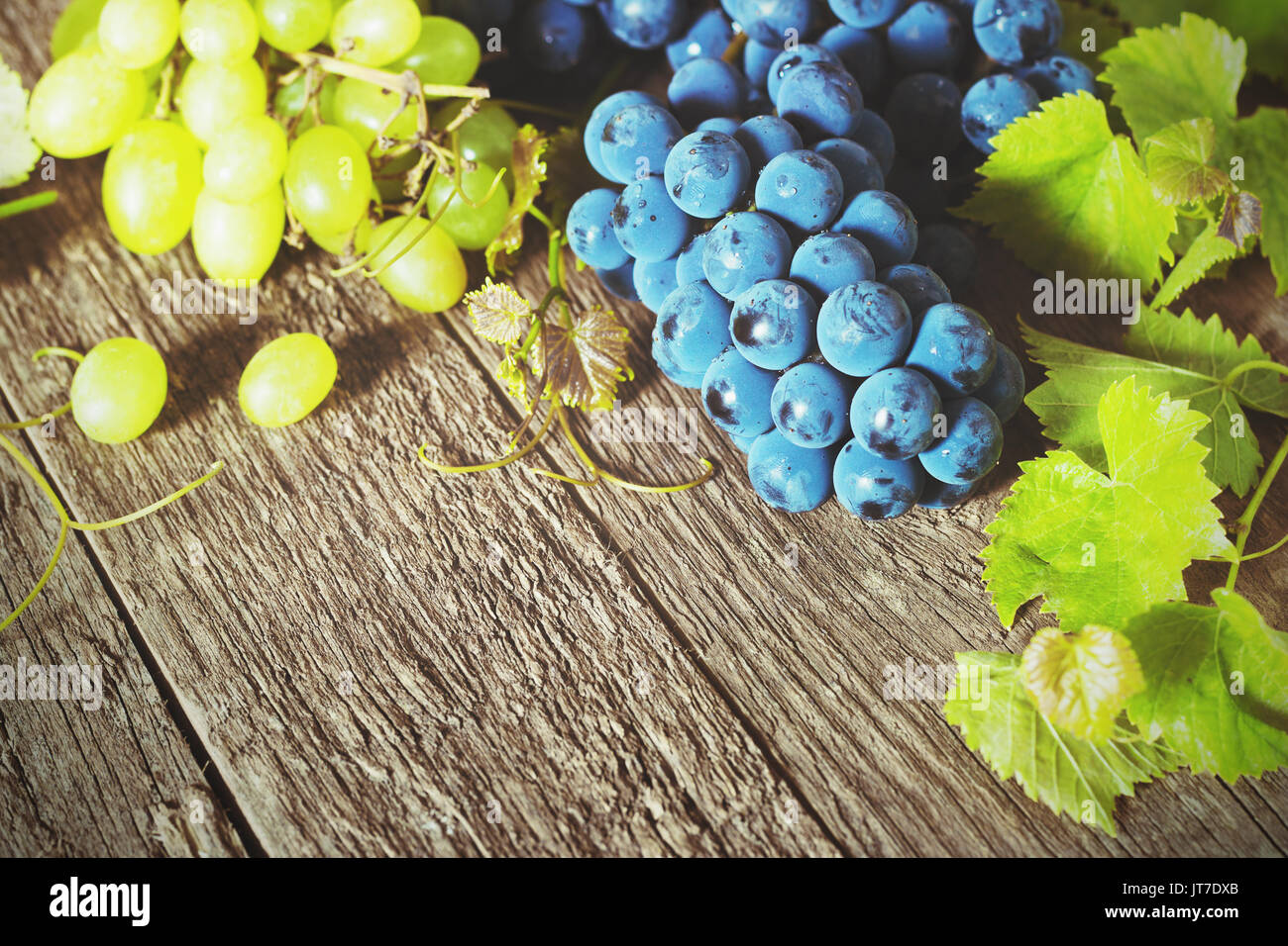 Il blu e il verde uva su uno sfondo di legno tonificante Foto Stock