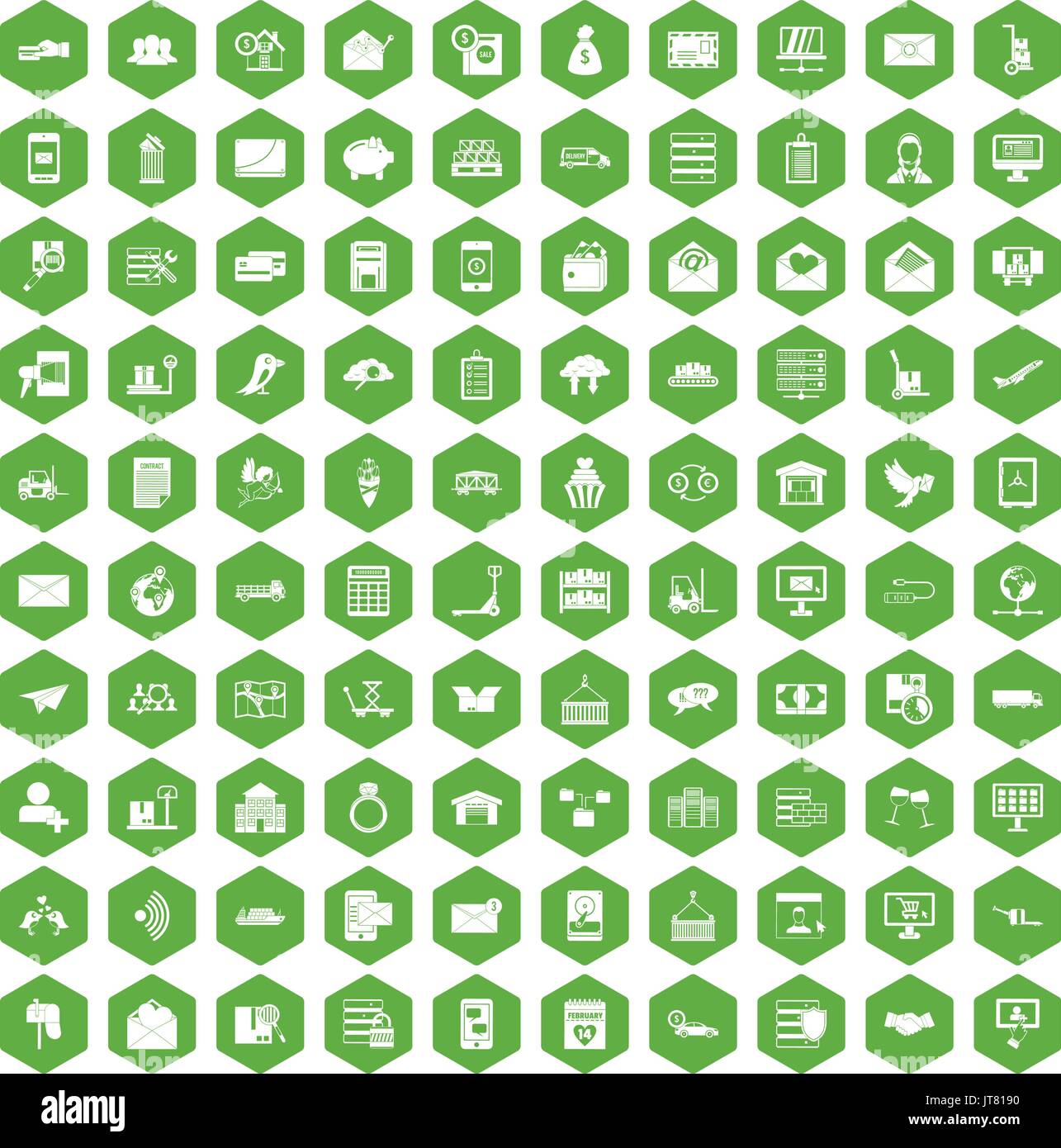 100 Servizio postale icone verde esagonale Illustrazione Vettoriale