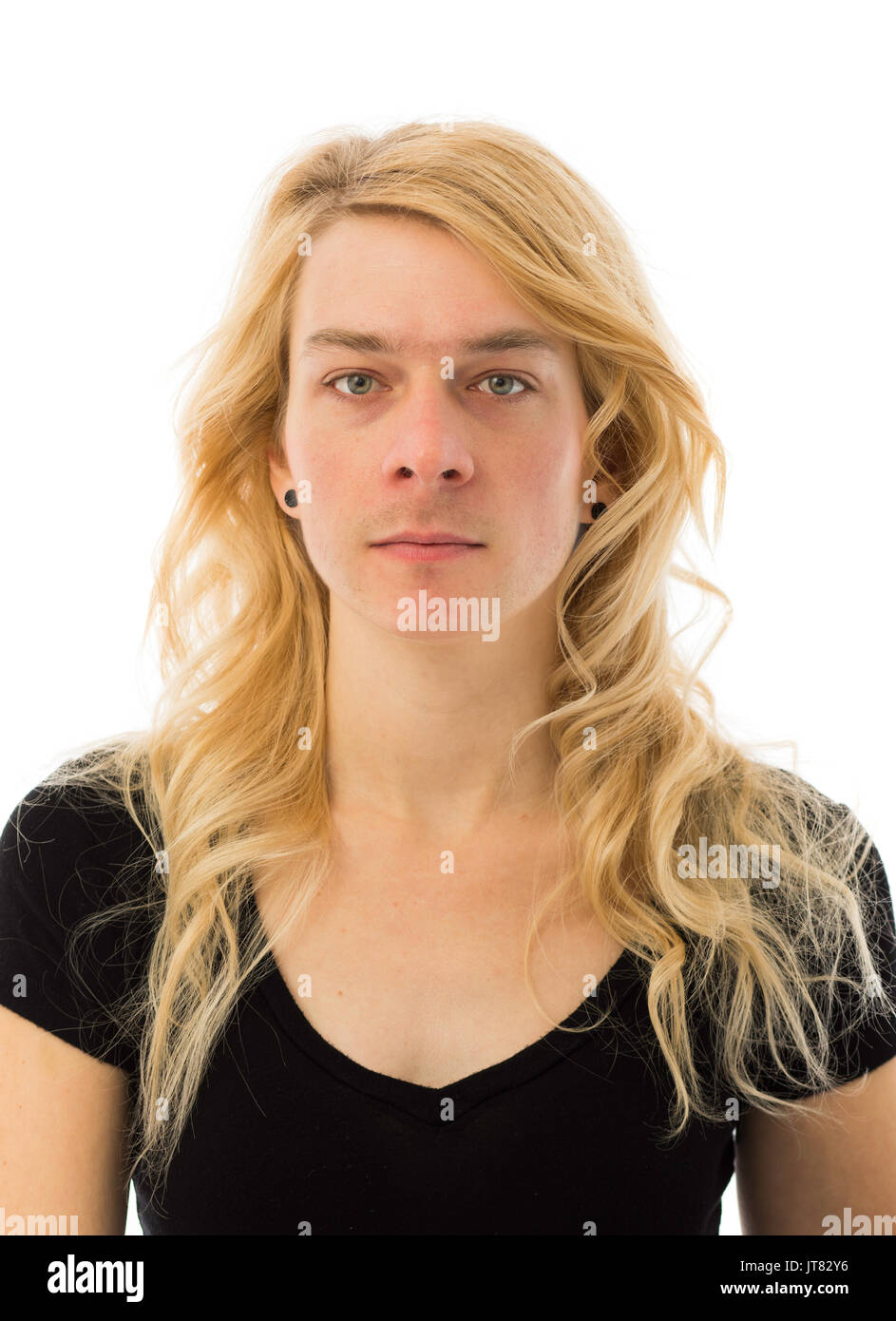 Nessuna emozione Ritratto di un uomo e di una donna miscelati insieme per illustrare Transgender concetto isolato su sfondo bianco Foto Stock