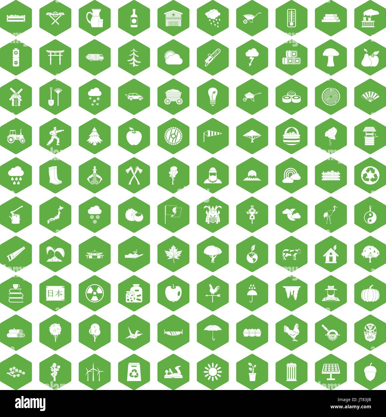 100 icone ad albero verde a testa esagonale Illustrazione Vettoriale