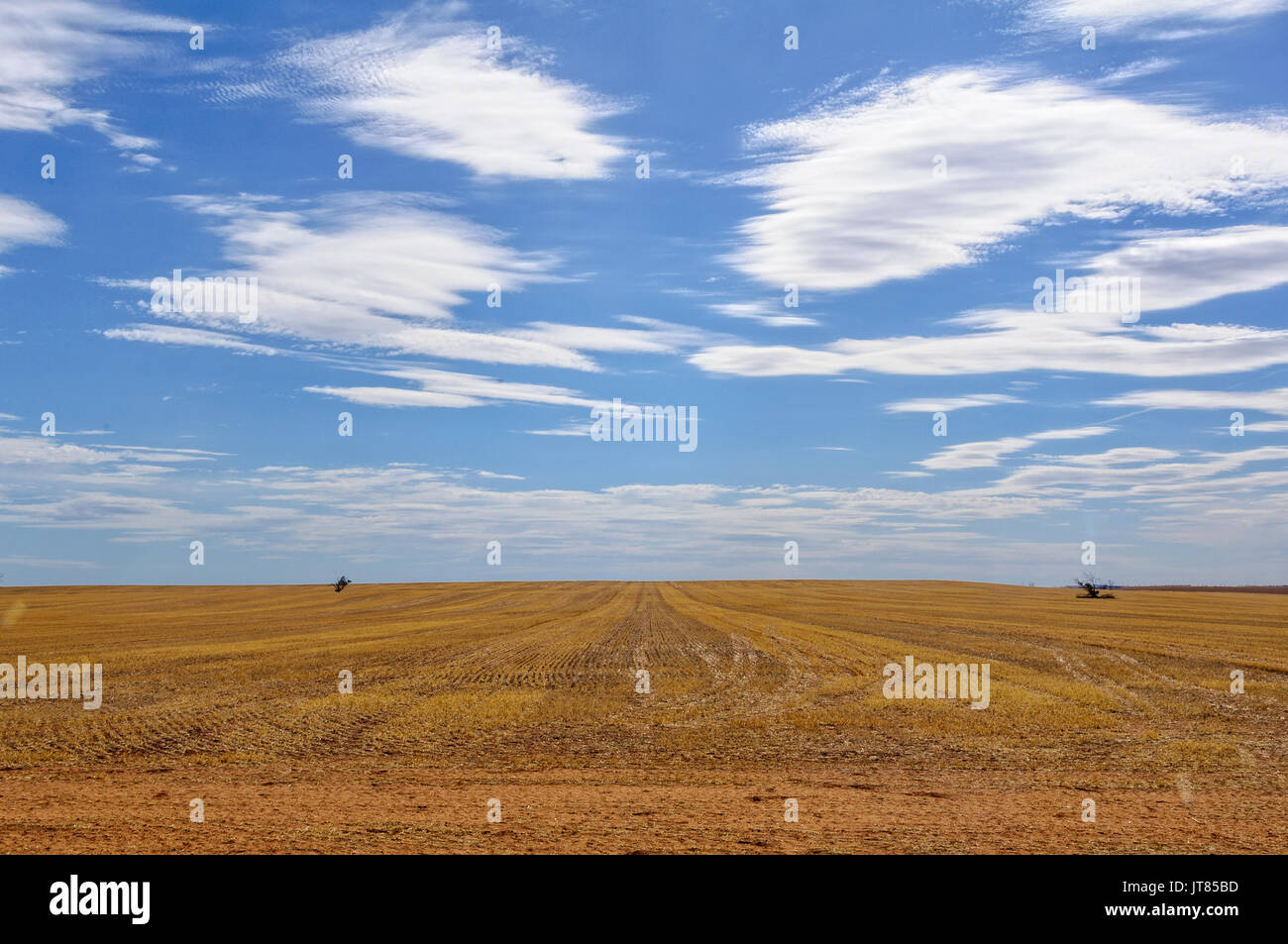 Il cielo blu con nuvole sopra seminativi dopo il raccolto vicino lago mare, Victoria, Australia Foto Stock