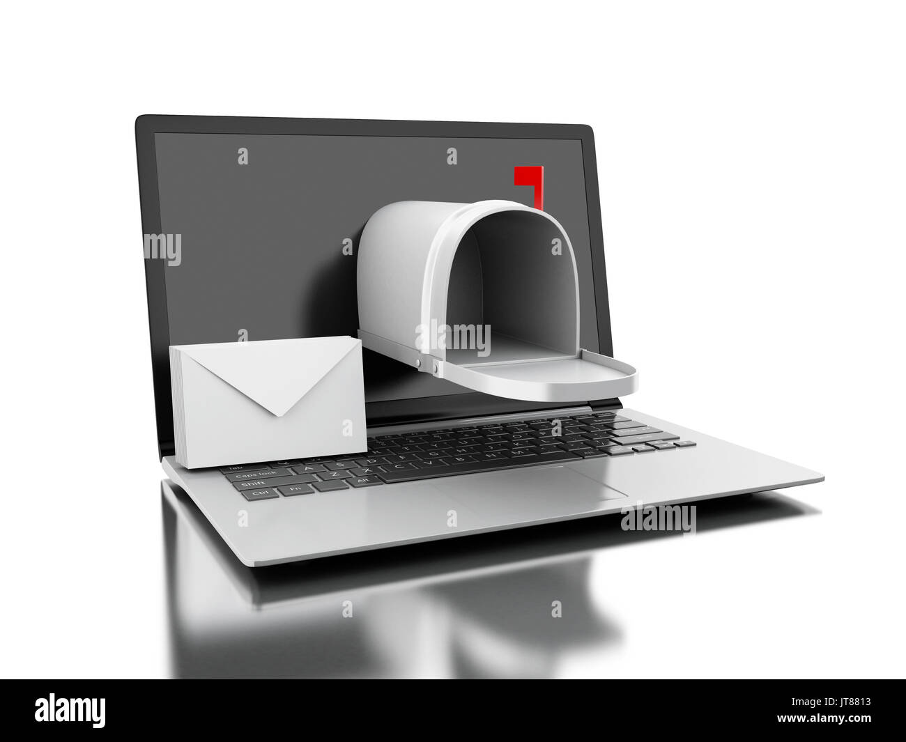 3d'illustrazione. Il recapito dei messaggi di posta dal computer portatile. La posta in arrivo concetto. Isolato sfondo bianco Foto Stock