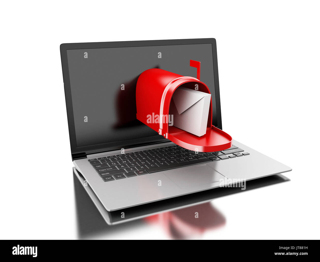 3d'illustrazione. Il recapito dei messaggi di posta dal computer portatile. La posta in arrivo concetto. Isolato sfondo bianco Foto Stock