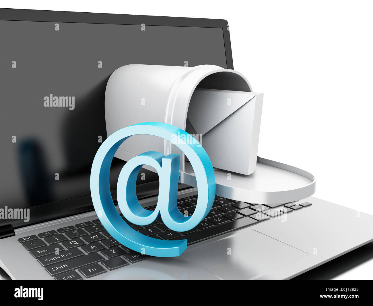 3d'illustrazione. Il recapito dei messaggi di posta dal computer portatile. La posta in arrivo concetto. Isolato sfondo bianco Foto Stock