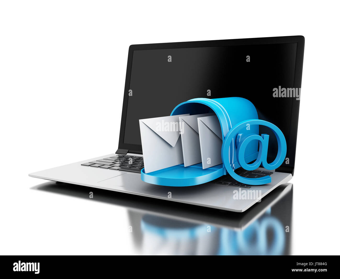 3d'illustrazione. Il recapito dei messaggi di posta dal computer portatile. La posta in arrivo concetto. Isolato sfondo bianco Foto Stock