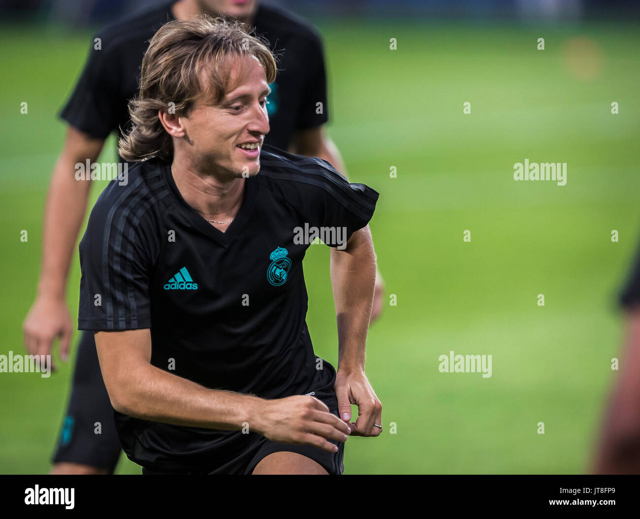 Skopje, Macedonia. 7 agosto 2017, Philip II Arena Nazionale, Skopje, Macedonia; 2017 Super Coppa UEFA Intertoto; Real Madrid contro Manchester United; Pre Match conferenza stampa e sessione di formazione; centrocampista Luka Modric del Real Madrid in azione durante il corso di formazione tecnica per il match day Credit: Nikola Krstic/Alamy Live News Foto Stock