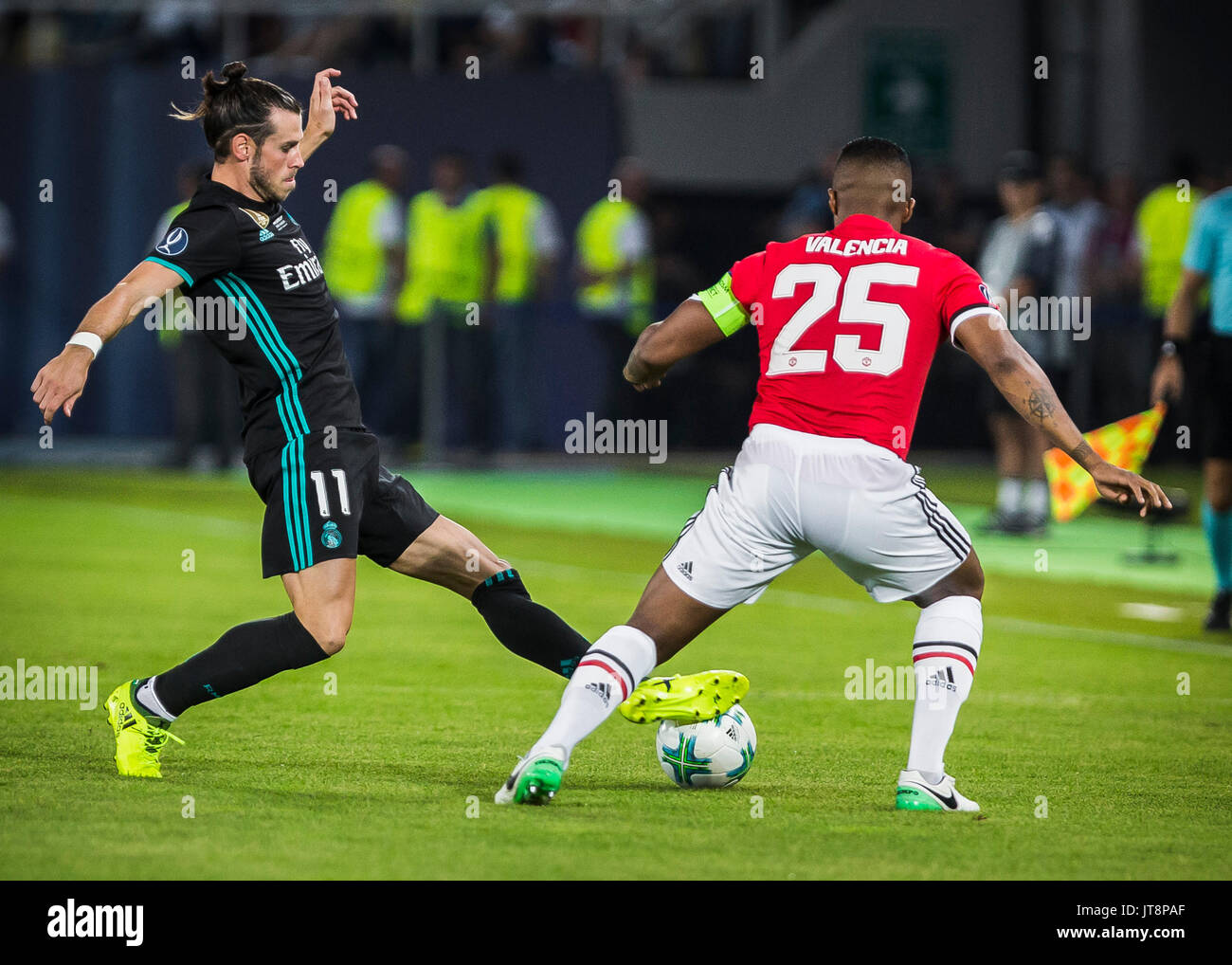 Skopje, Macedonia. 08 Ago, 2017. 8 agosto 2017, Philip II Arena Nazionale, Skopje, Macedonia; 2017 Coppa UEFA Intertoto; Real Madrid contro Manchester United; avanzamento Gareth Bale del Real Madrid in azione durante il match di la Supercoppa Credito: Nikola Krstic/Alamy Live News Foto Stock