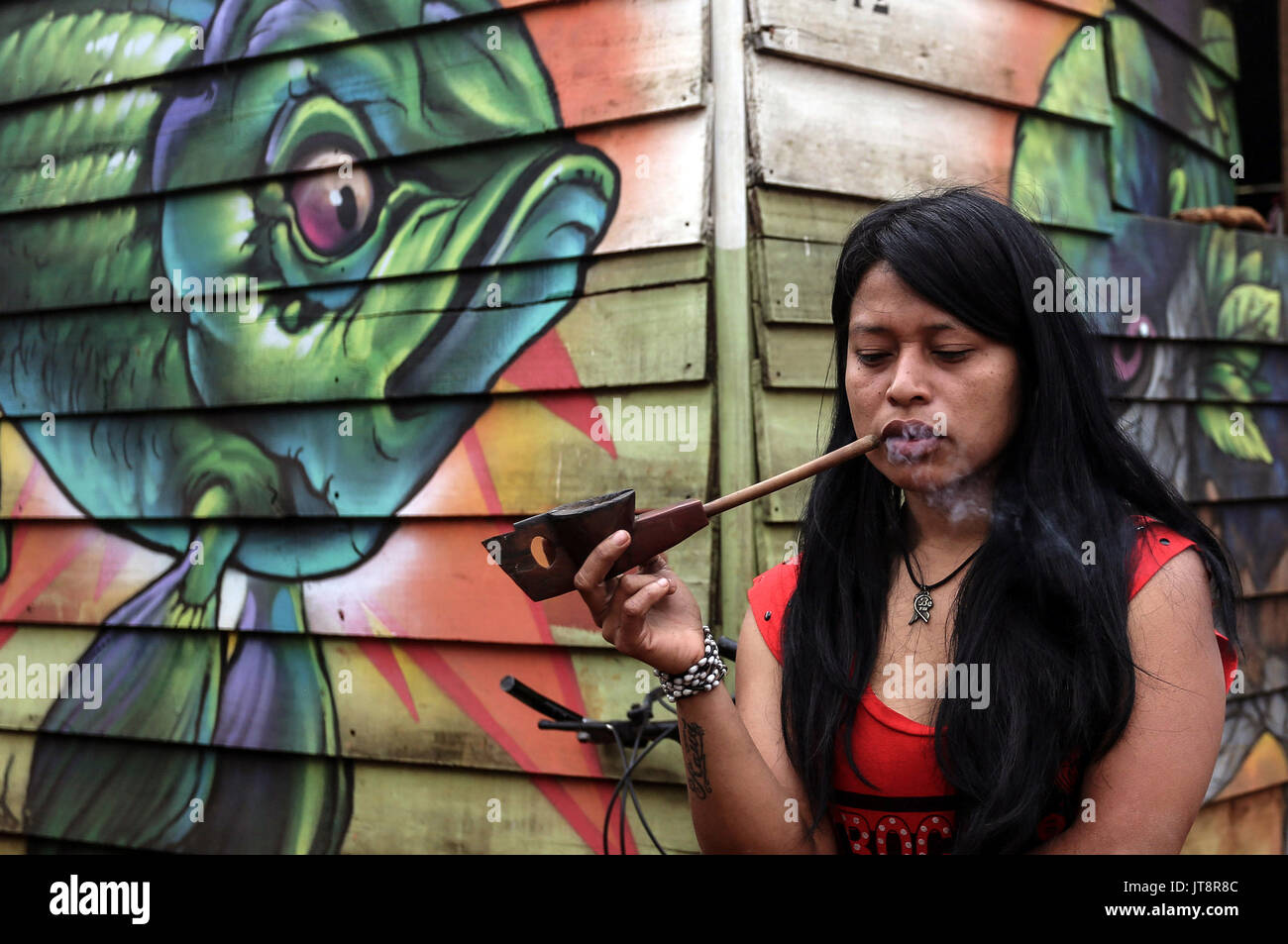 (170808) -- Sao Paulo (Brasile), e il Agosto 8, 2017 (Xinhua) -- Foto scattata il 1 agosto, 2017 mostra una donna fumare una tubazione tradizionale presso il villaggio dei Guarani gruppo etnico, nel distretto di Jaragua in Sao Paulo, Brasile. I popoli indigeni di tutto il mondo devono ancora affrontare enormi sfide che una decina di anni dopo l'adozione di una storica dichiarazione sui loro diritti, un gruppo delle Nazioni Unite (ONU) esperti detto lunedì. Parlando davanti a la Giornata internazionale dei popoli indigeni nel mondo su Agosto 9, il gruppo ha detto che gli Stati membri devono mettere le parole in azioni di porre fine alla discriminazione, emarginazione e la mancanza di protezione Foto Stock