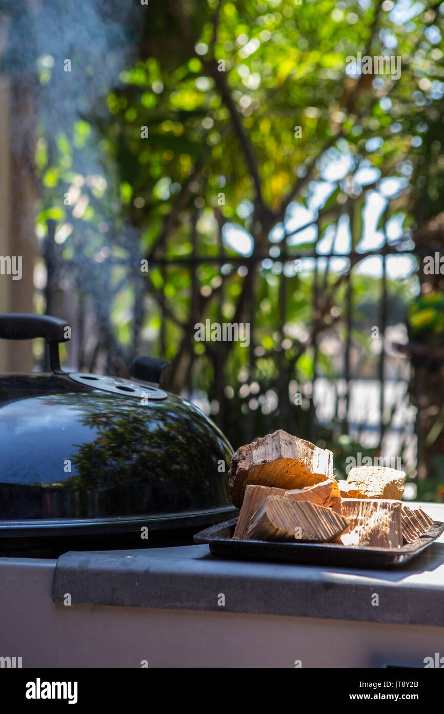 Fumatori barbecue esterno con i pezzi di legno hickory sul lato per l'uso del fumo il cibo Foto Stock
