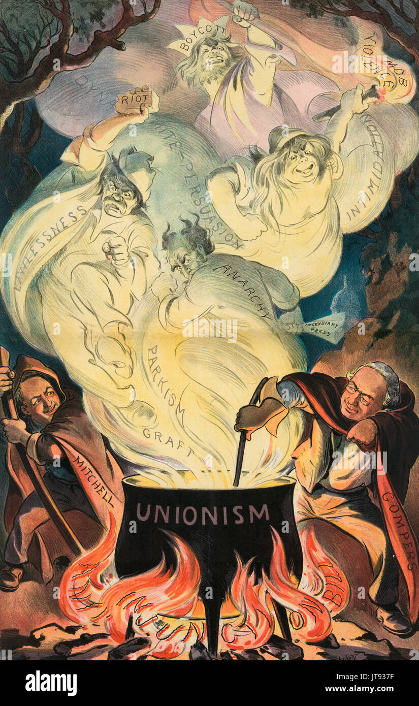 Un pericoloso brew - Illustrazione mostra John Mitchell e Samuel Gompers, che rappresentano i minatori uniti e federazione americana del lavoro, come le streghe agitazione un pericoloso brew" del lavoro la violenza in un calderone etichettato 'sindacalismo" sopra le fiamme etichettato 'Anti-Injunction Bill'. Aumento di vapore dal recipiente viene riempito con minaccia di figure umane e le parole "Boicottaggio, Mob violenza, intimidazioni, Dynamite-Persuasion, sommossa, illegalità, anarchia, Parkism, ad innesto, e incendiarie premere'. Anti politico Unione Cartoon, 1904 Foto Stock
