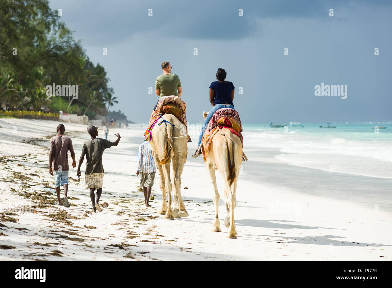 Due turisti a cavallo di cammelli sulla spiaggia con la gente del posto a piedi lungo il loro lato, Diani, Kenya Foto Stock