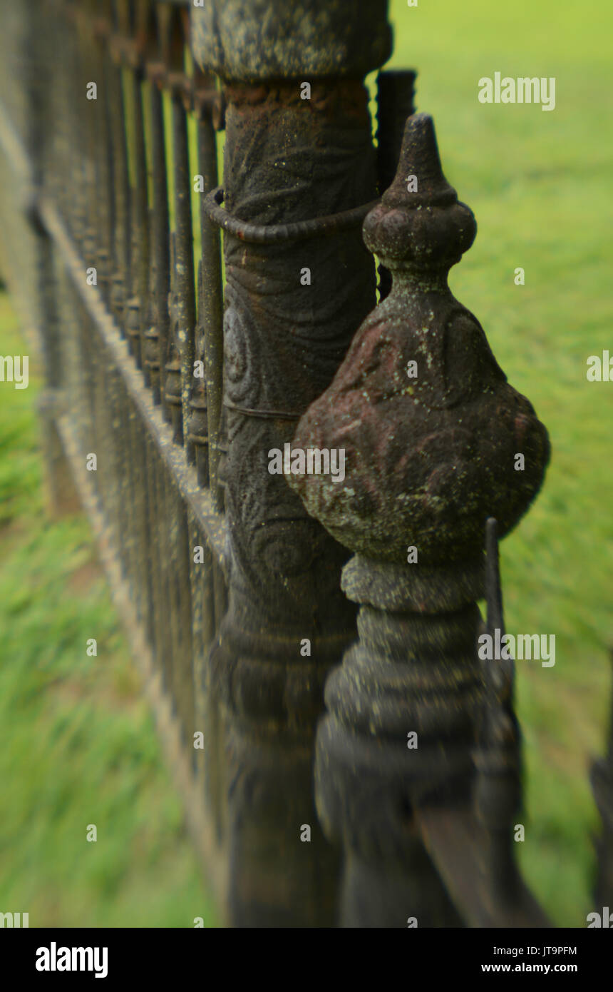 Vintage recinzione in ferro posti meteo mossy Foto Stock