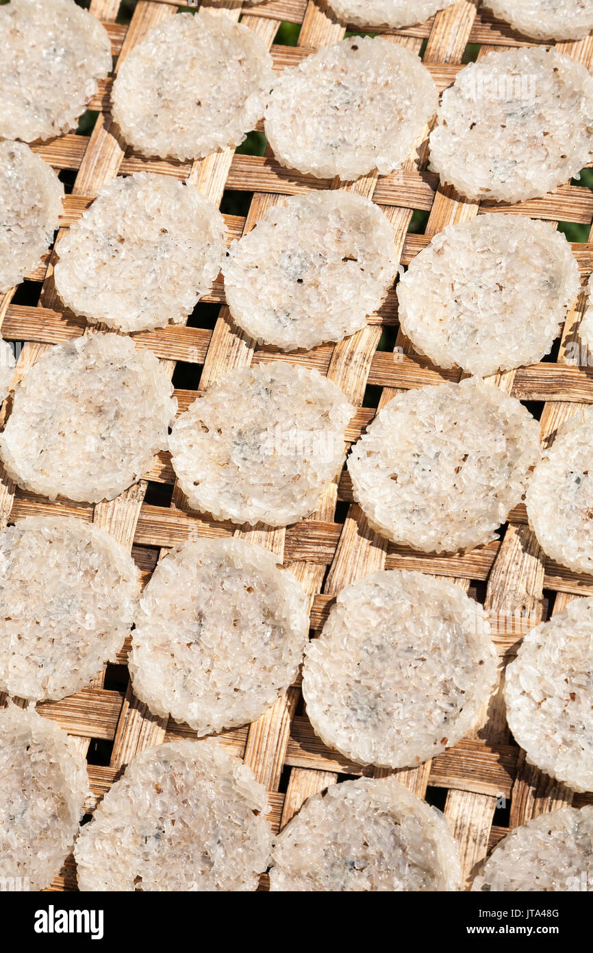 Un numero di compresse torte di riso o galette su una cremagliera al di fuori di essiccamento sotto il sole Foto Stock