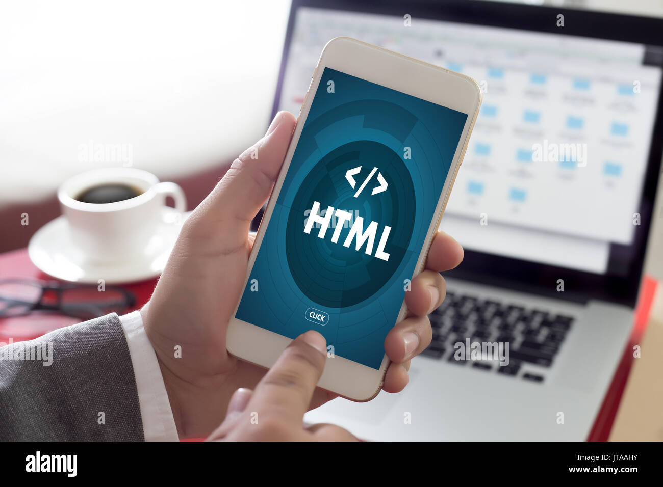 PHP sviluppatore HTML Codice Web design lavoro programmatore in un software di programmazione per lo sviluppo del cyberspazio di codifica Foto Stock