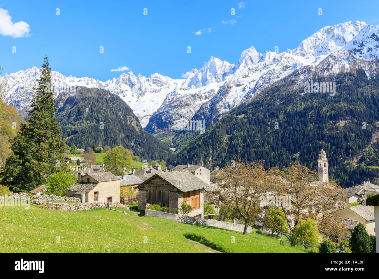 Vista del Soglio tra prati e vette innevate in primavera, Maloja, Val Bregaglia, Engadina nel cantone dei Grigioni, Svizzera, Europa Foto Stock