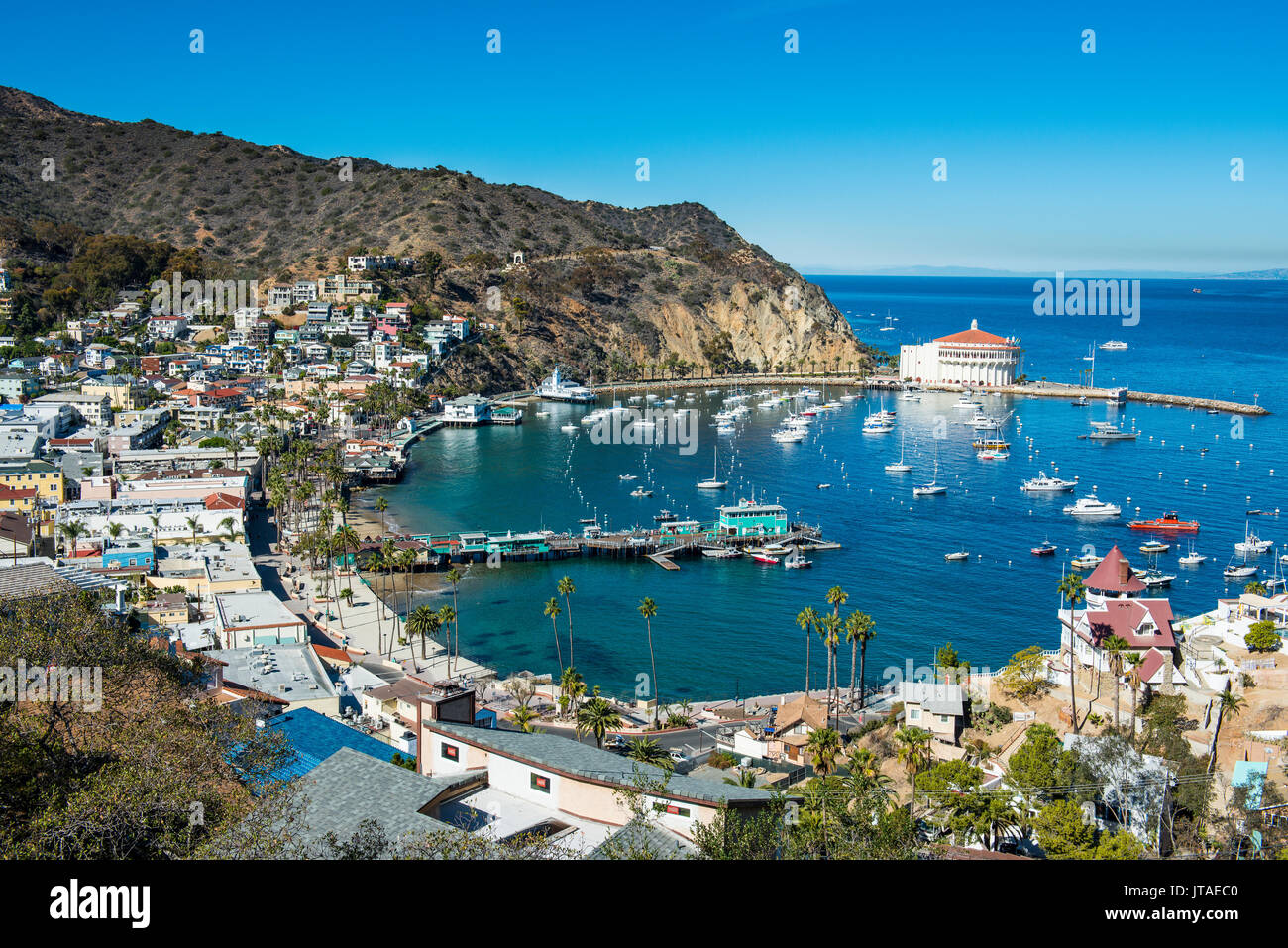 Vista su Avalon, Isola di Santa Catalina, California, Stati Uniti d'America, America del Nord Foto Stock