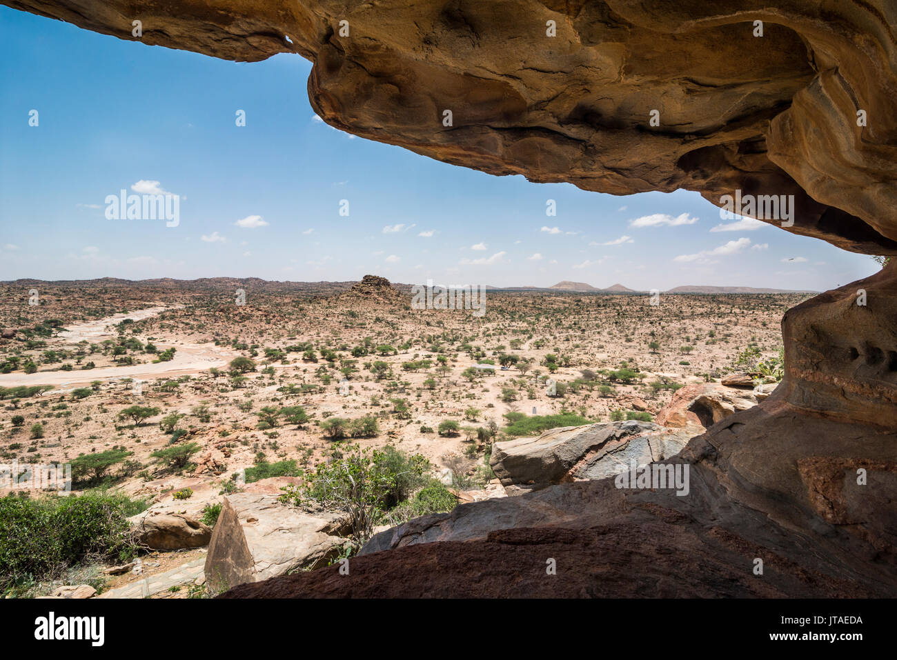 Vista del deserto dal Lasa Geel grotte, il Somaliland e la Somalia, Africa Foto Stock