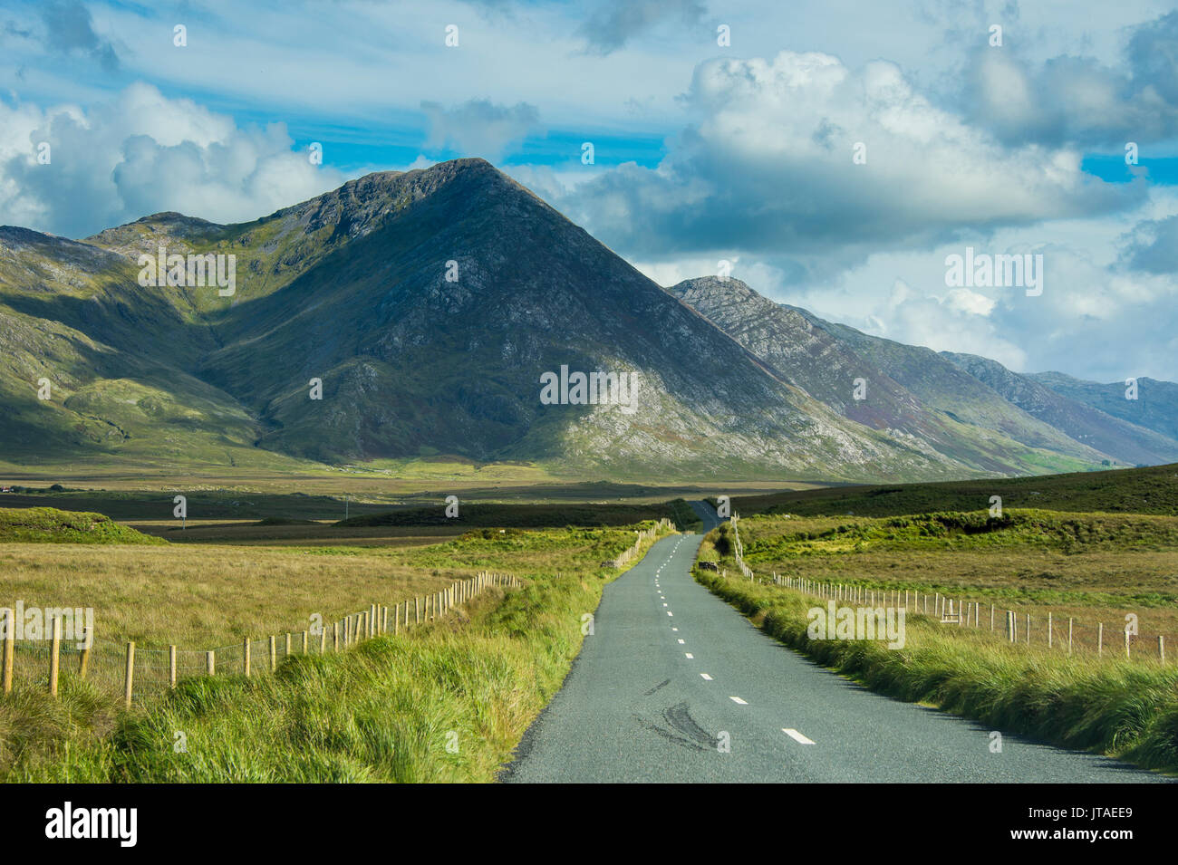 Strada che conduce attraverso il Parco Nazionale del Connemara, nella contea di Galway, Connacht, Repubblica di Irlanda, Europa Foto Stock