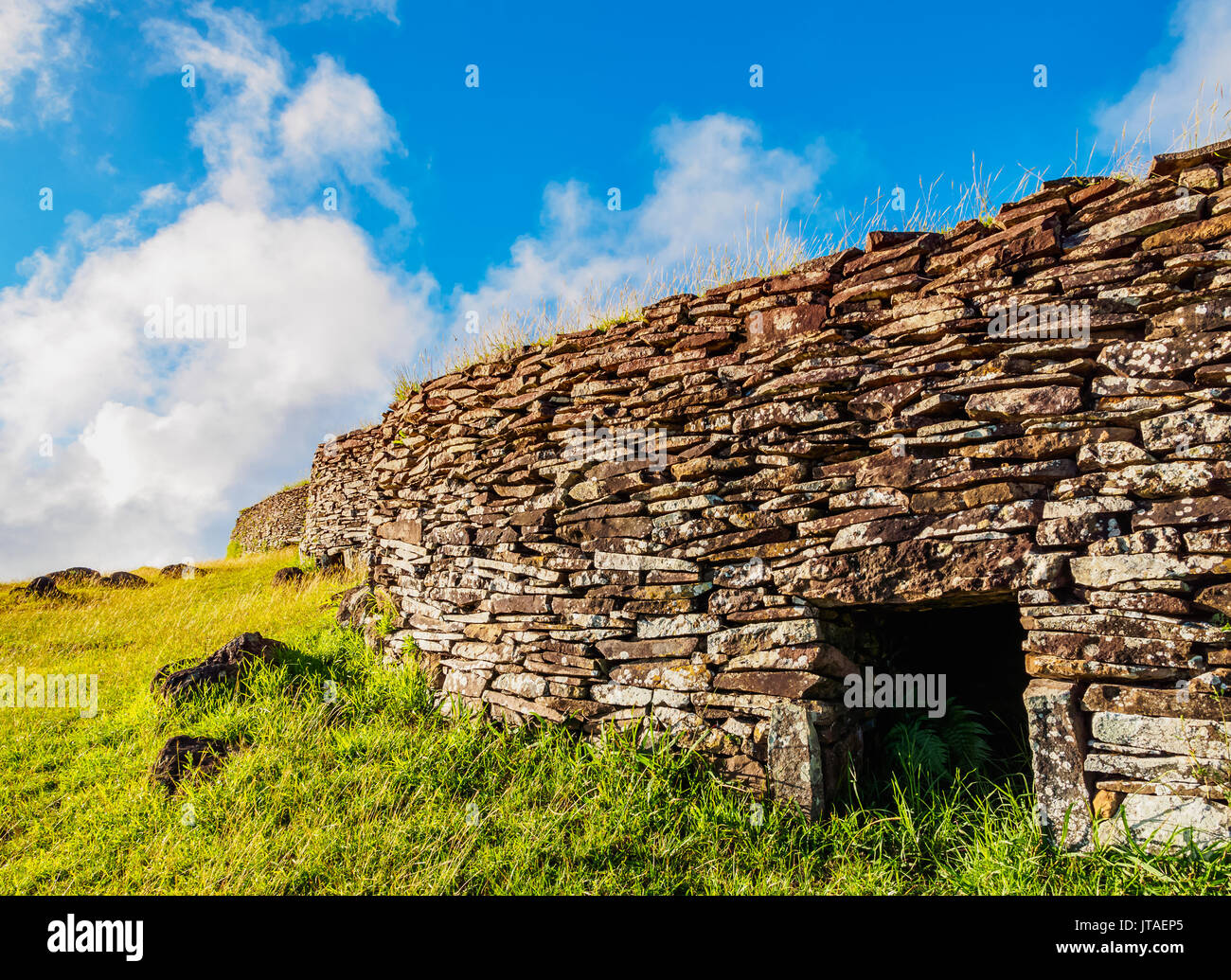 Villaggio Orongo, Parco Nazionale di Rapa Nui, Sito Patrimonio Mondiale dell'UNESCO, l'isola di pasqua, Cile, Sud America Foto Stock