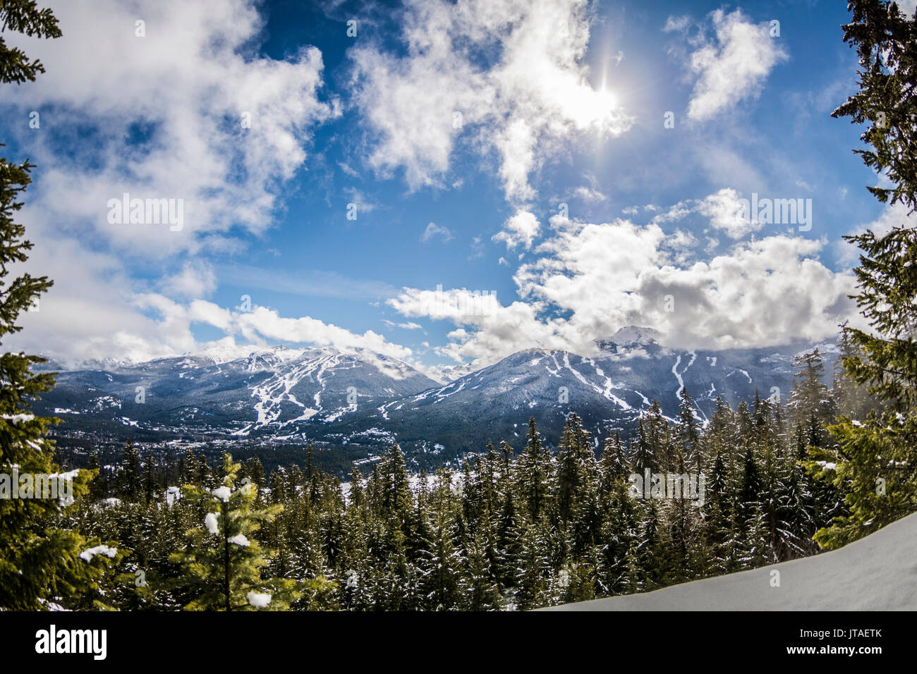 Vista del cielo blu su Whistler Blackcomb dal germoglio di montagna, British Columbia, Canada, America del Nord Foto Stock
