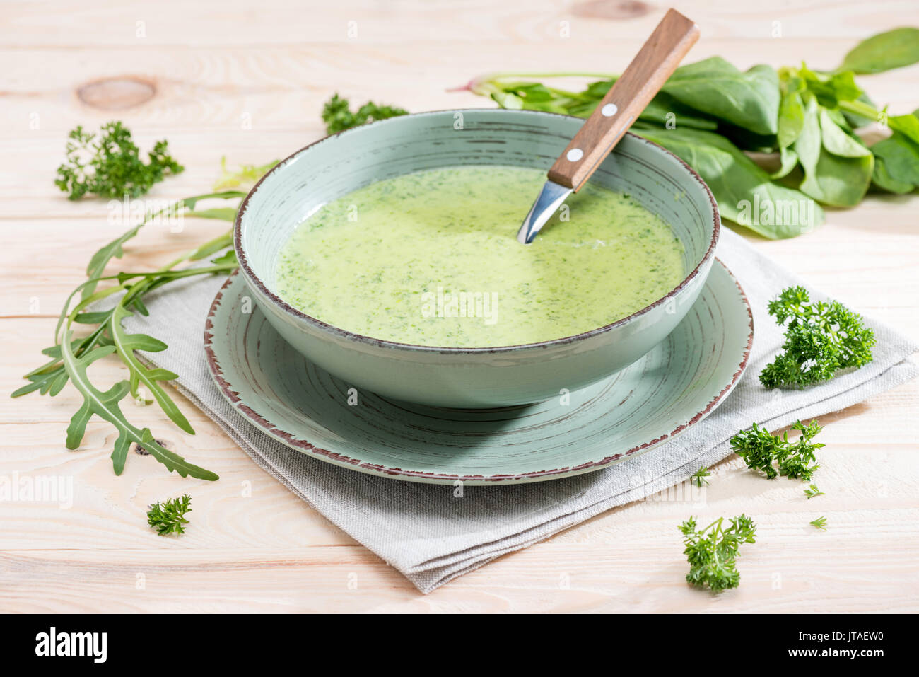 Fresca zuppa verde con gli spinaci, il prezzemolo e la rucola in ciotola sul tovagliolo sul tavolo in legno Foto Stock