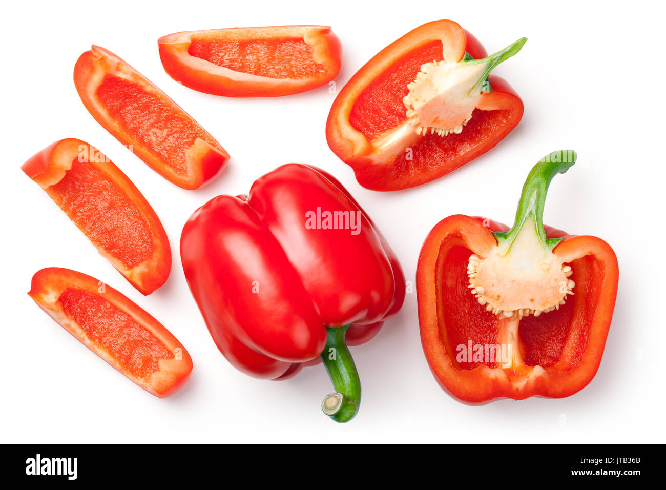 Peperoni rossi isolato su sfondo bianco. Vista superiore Foto Stock