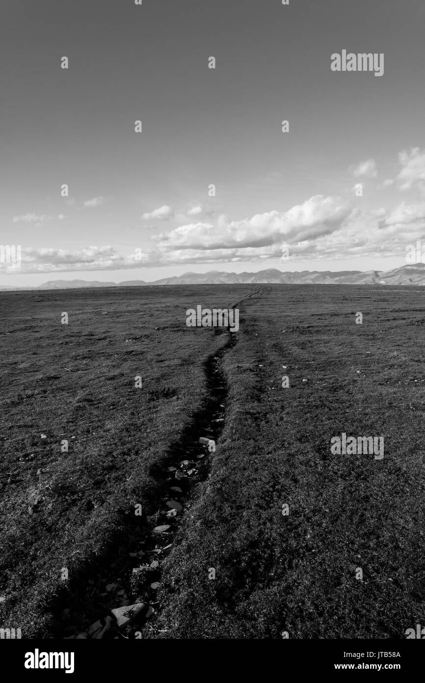 Un campo di montagna con una lunga crepa andando verso l'orizzonte, sotto un cielo profondo con nuvole bianche Foto Stock