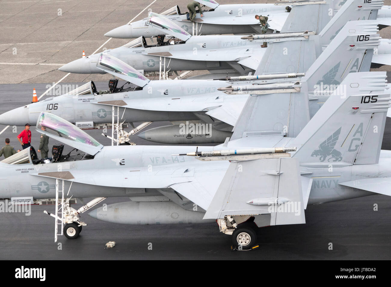 Boeing F/A-18E/F Super Hornets della US Navy Strike Fighter Squadron 143 (VFA-143), noto anche come "Cani Pukin', a Boeing Field, Seattle, WA, Stati Uniti d'America Foto Stock