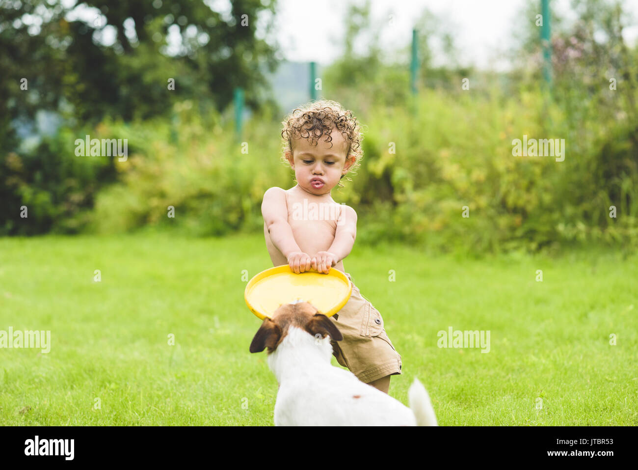 Kid e il cane giocando Tug-of-war game con disco giocattolo Foto Stock