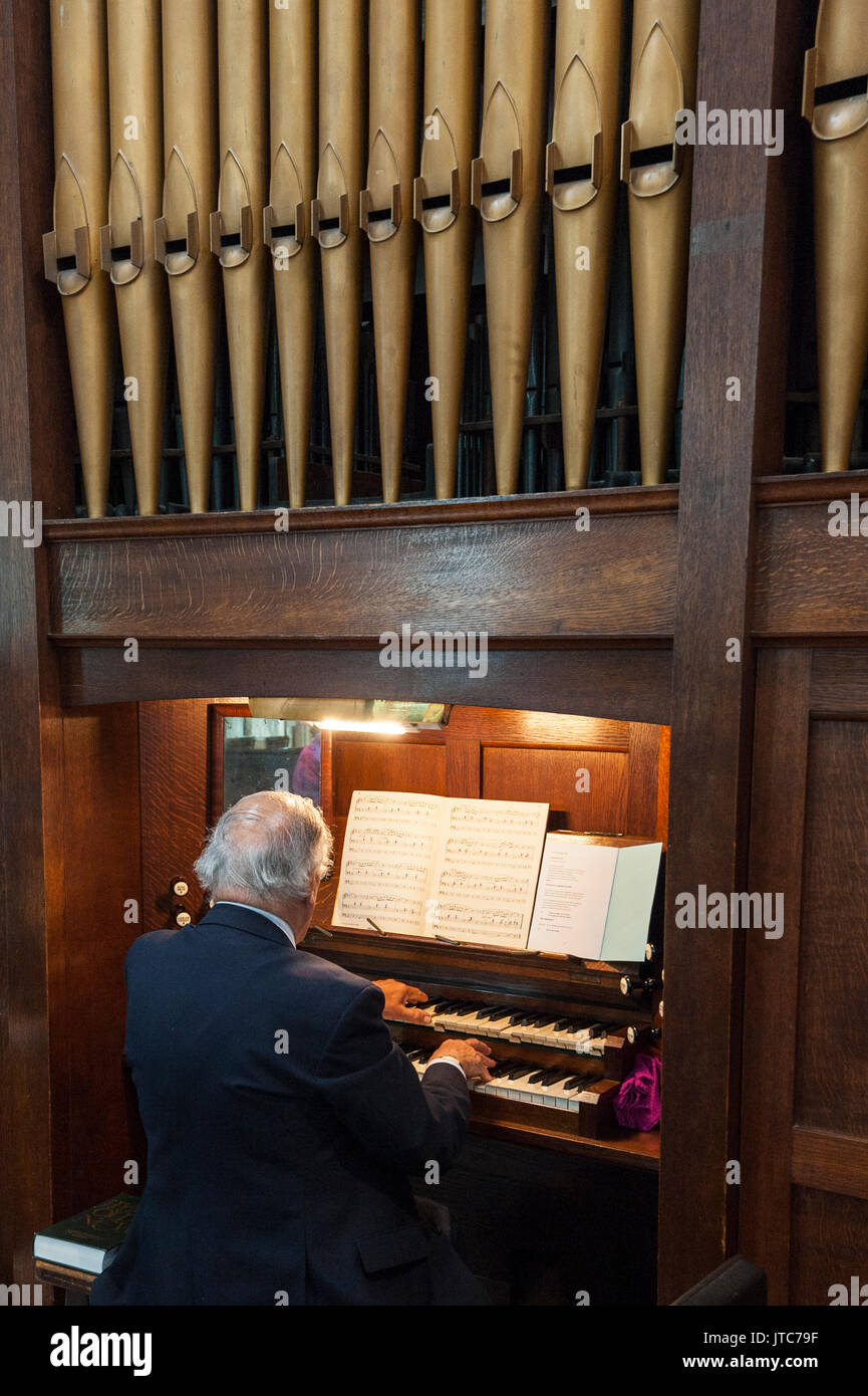 Un uomo anziano giocando una chiesa organo a canne nel Regno Unito Foto Stock