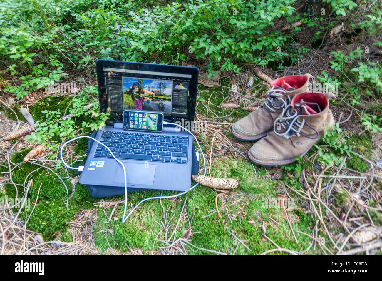 Connessione mobile di dispositivi, nomade digitale, su strada, scarponi da passeggio a cono Norvegia Spruce a sezione bassa scarpe da passeggio Foto Stock