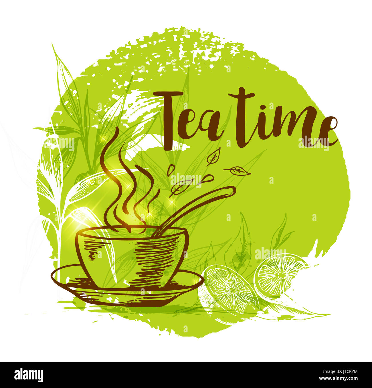 Tazza di tè e bambù ramo su uno sfondo verde in stile vintage. Lettering "Tea time' Foto Stock