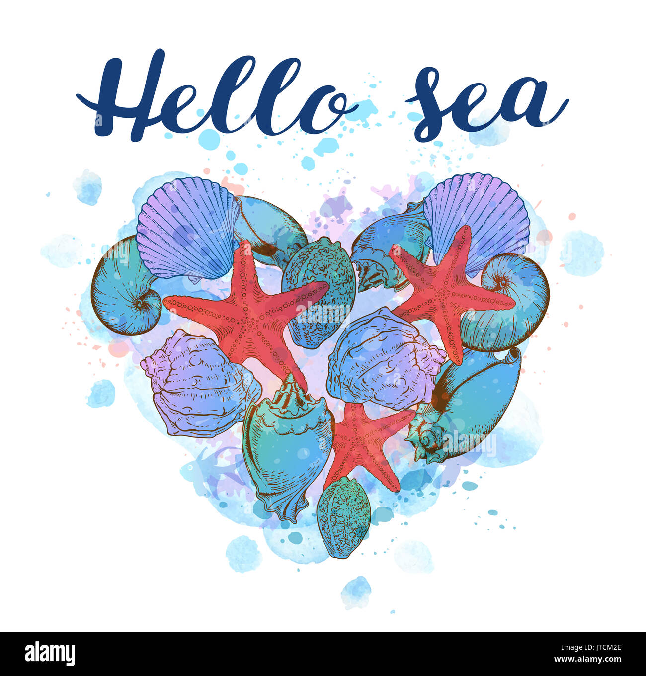 Sfondo marino con cuore di conchiglie di mare blu e acquerello texture. Ciao Mare scritte. Foto Stock