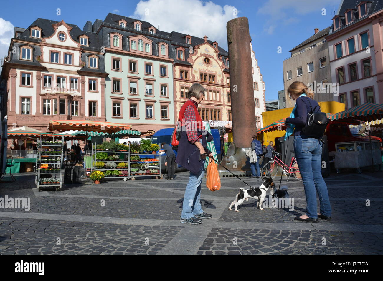 Mainz, Germania - 9 Ottobre 2015 - donna shopping e parlando sul mercato locale in Mainz Foto Stock