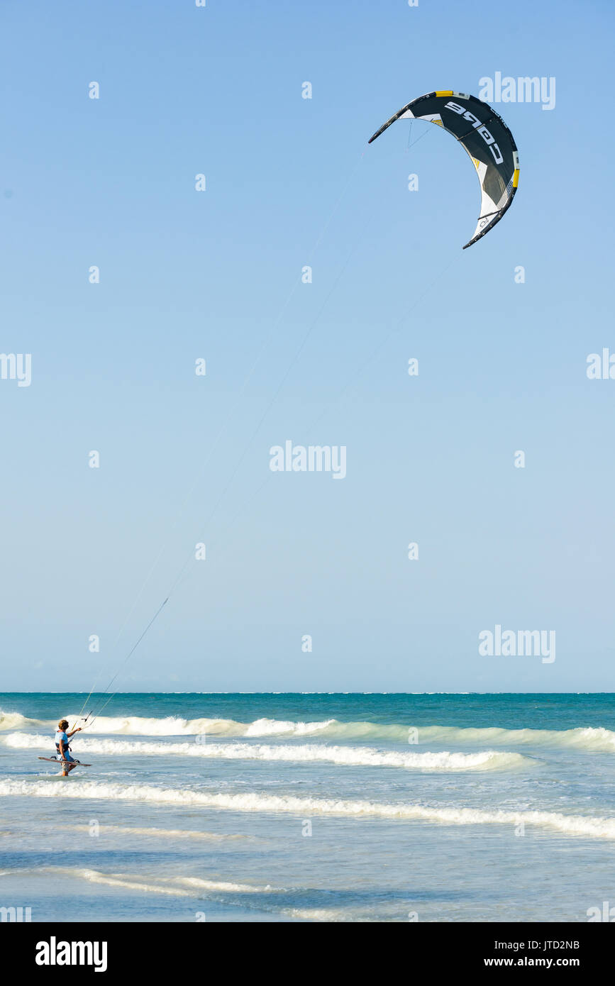 Kite surfer passeggiate in mare con il kite in aria, Diani, Kenya Foto Stock