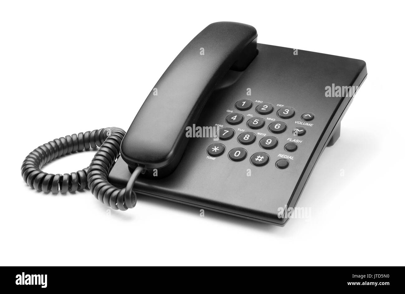 Telefono nero con pulsanti su sfondo bianco Foto Stock