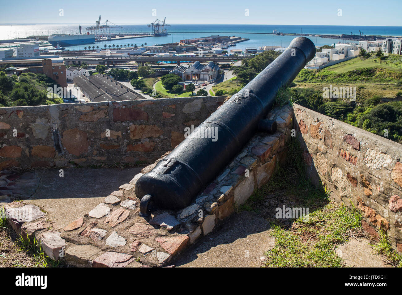 Una vista sul porto di Fort Frederick, un avamposto militare dove il 1820 coloni inglesi sbarcati a Algoa Bay, ora chiamato Port Elizabeth Foto Stock