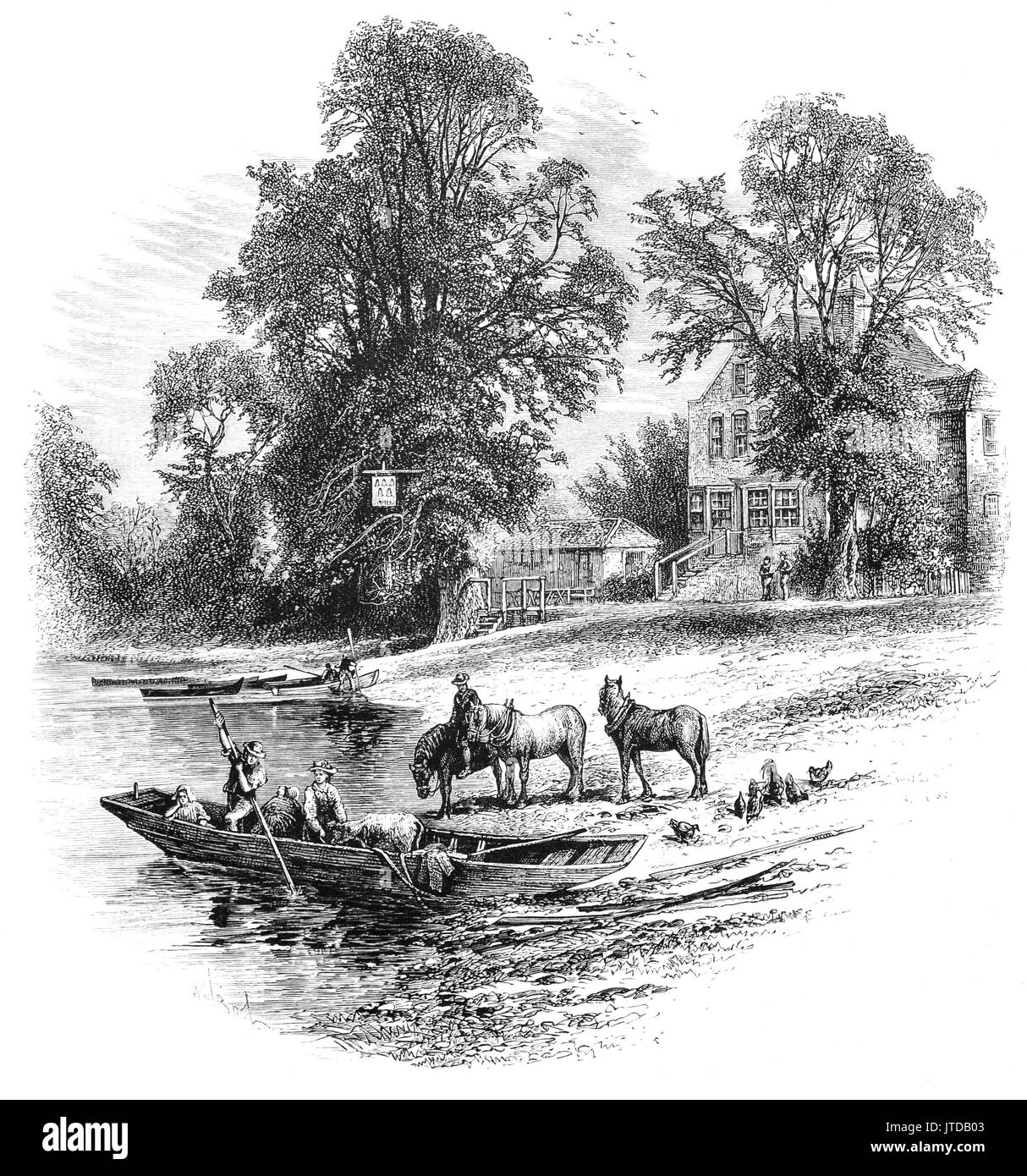 1870: Un piccolo traghetto vicino al pub Bells of Ouseley sul fiume Tamigi a Old Windsor, Berkshire, Inghilterra. Il pub 'Bells of Ouseley' dovrebbe commemorare le campane dell'Abbazia di Osney che sono state portate a valle alla dissoluzione e scomparse nel fango a questo punto. Foto Stock